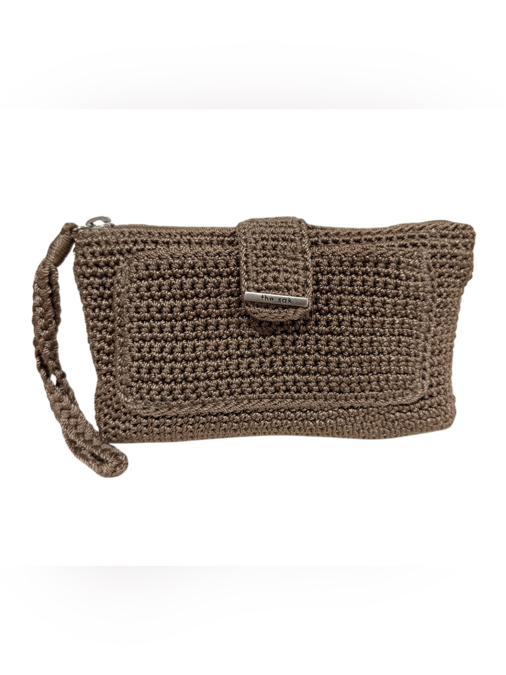 The Sak Brown Tan Wristlet Nylon Clutch Blue Lined Silver Hardware Crochet Strap